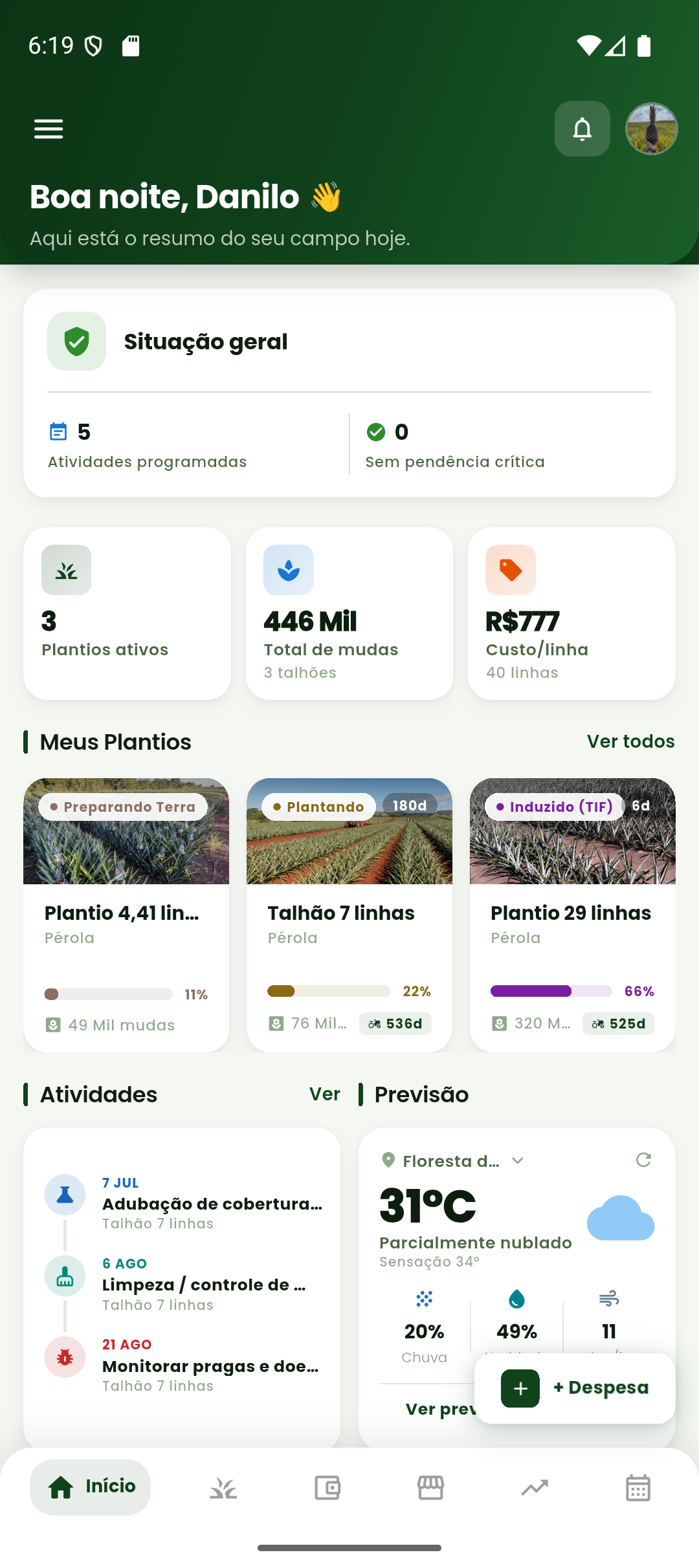 Dashboard do app Meu Plantio