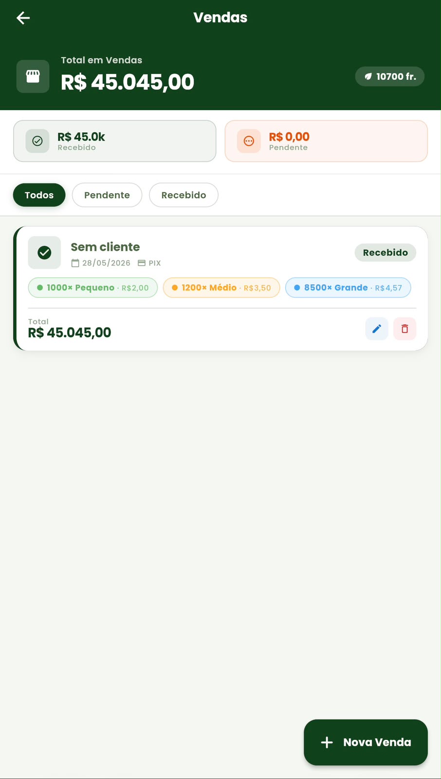 Tela de vendas do Meu Plantio com a carga classificada por tamanho pequeno, médio e grande